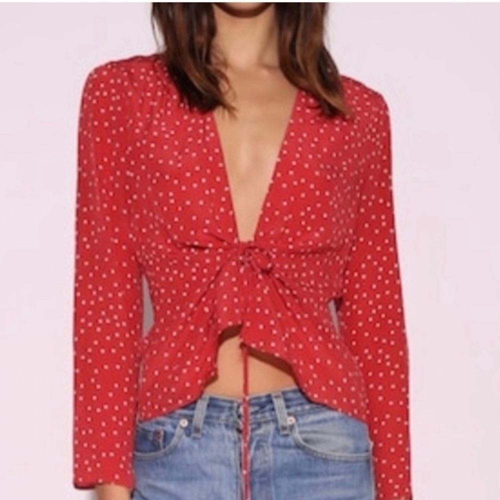 Realisation Par | 100% Silk The‎ Bianca Front Tie Top Red White Stars XXS July 4